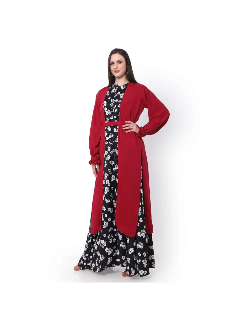 HANA & SARA MODEST PRINTED DRESS WITH SOLID COLOUR LONG JACKET AND BELT STYLISH ARABIC  JALABIYA