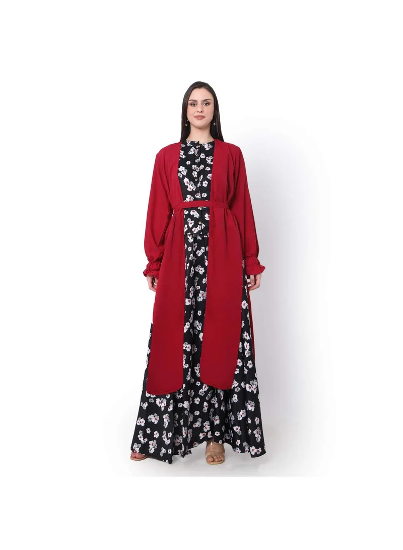 HANA & SARA MODEST PRINTED DRESS WITH SOLID COLOUR LONG JACKET AND BELT STYLISH ARABIC  JALABIYA