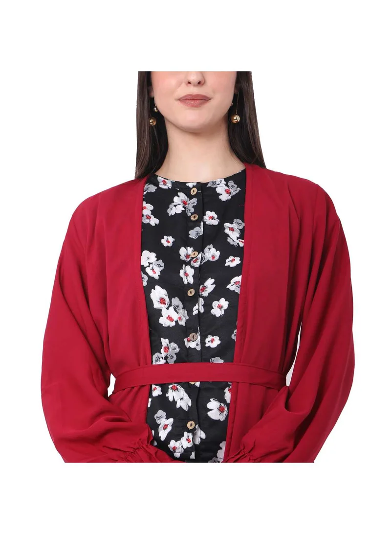 HANA & SARA MODEST PRINTED DRESS WITH SOLID COLOUR LONG JACKET AND BELT STYLISH ARABIC  JALABIYA
