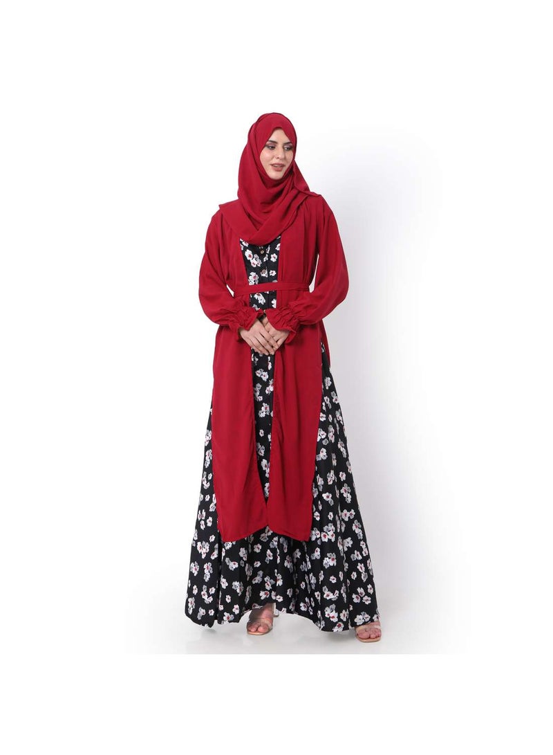 HANA & SARA MODEST PRINTED DRESS WITH SOLID COLOUR LONG JACKET AND BELT STYLISH ARABIC KAFTAN JALABIYA - Image 1