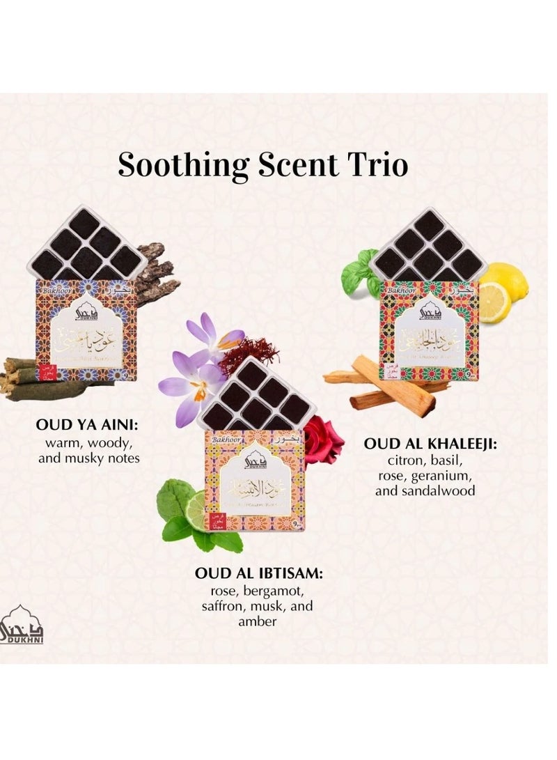 DUKHNI Oud Ya Aini, Oud Al Khaleeji, Oud Al Ibtisam Bakhoor Set by Dukhni | 3 x 9 Piece each & Tree Bakhoor Burner | Arabic Bakhoor Incense | Great Gift Sets, Ramadan Home Decor & Eid Hamper Baskets - Image 2