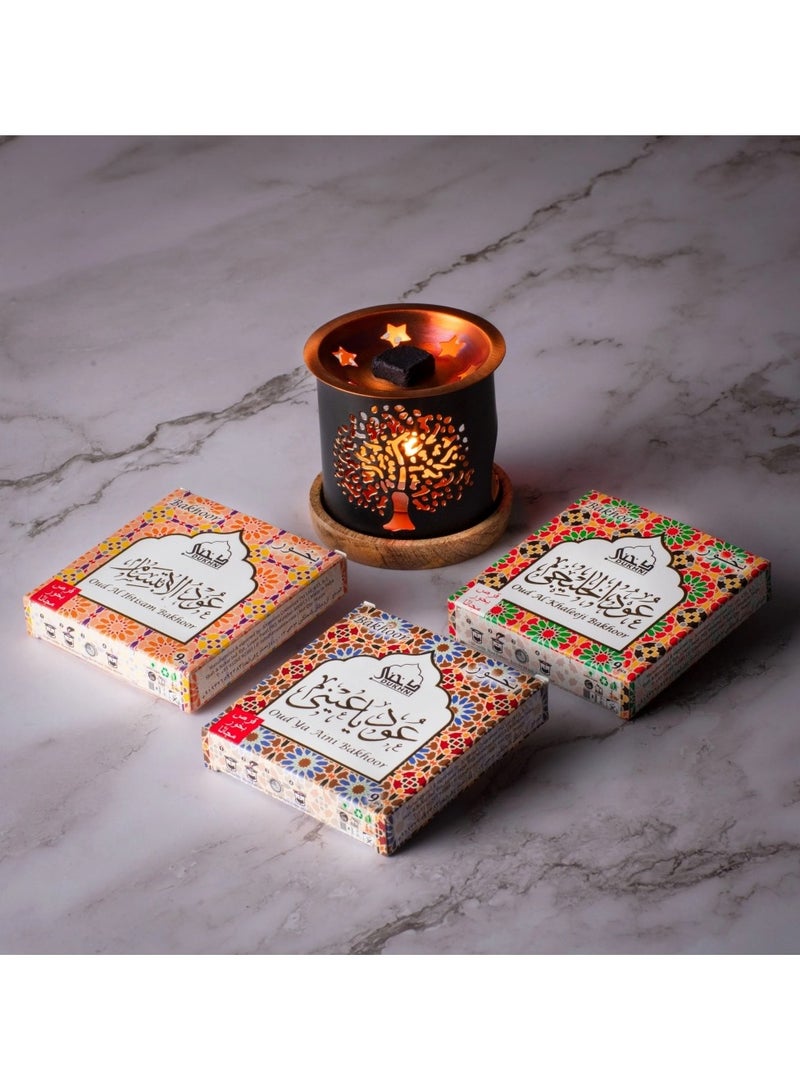 DUKHNI Oud Ya Aini, Oud Al Khaleeji, Oud Al Ibtisam Bakhoor Set by Dukhni | 3 x 9 Piece each & Tree Bakhoor Burner | Arabic Bakhoor Incense | Great Gift Sets, Ramadan Home Decor & Eid Hamper Baskets - Image 1