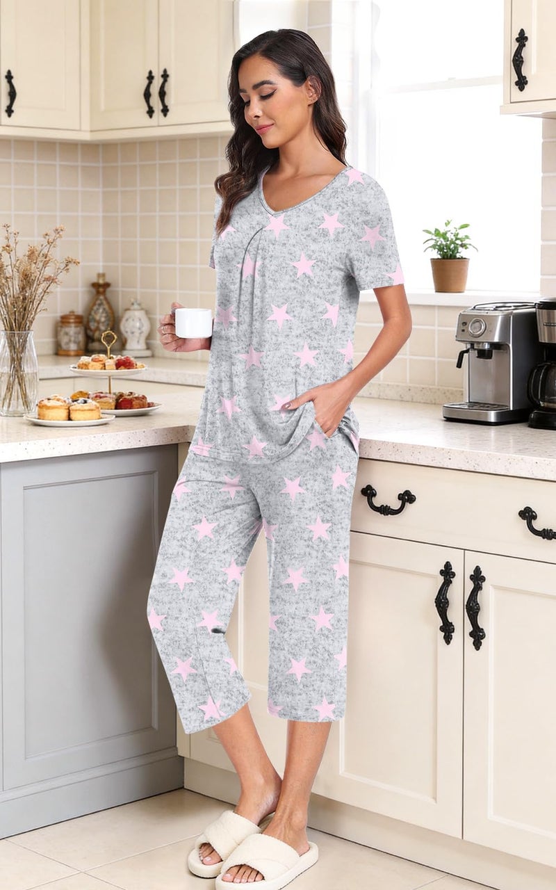 Anyally Women's Summer Pajama Set Plus Size Short Sleeve Shirt and Pajama Pants 2 Piece Sleepwear Pleated Ladies Pjs Sets with Pockets, L Star Grey - Image 2