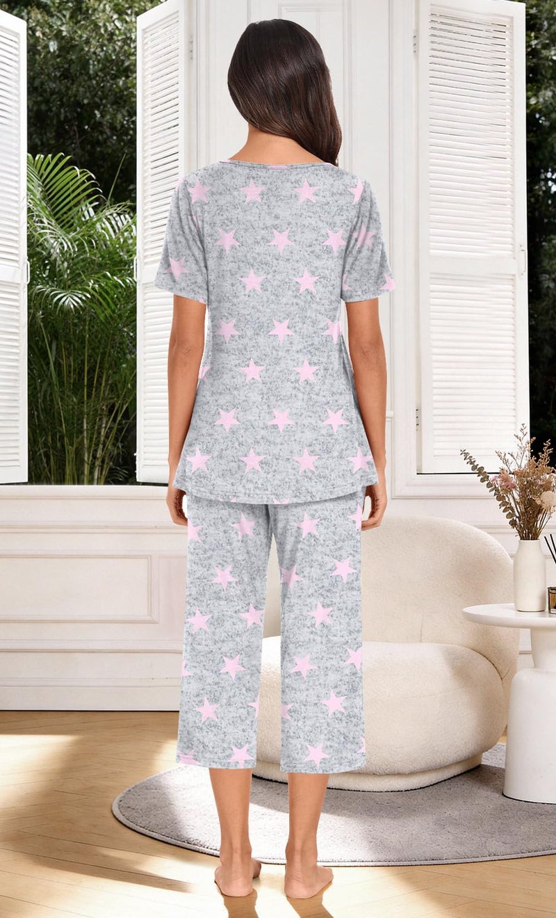 Anyally Women's Summer Pajama Set Plus Size Short Sleeve Shirt and Pajama Pants 2 Piece Sleepwear Pleated Ladies Pjs Sets with Pockets, L Star Grey - Image 3