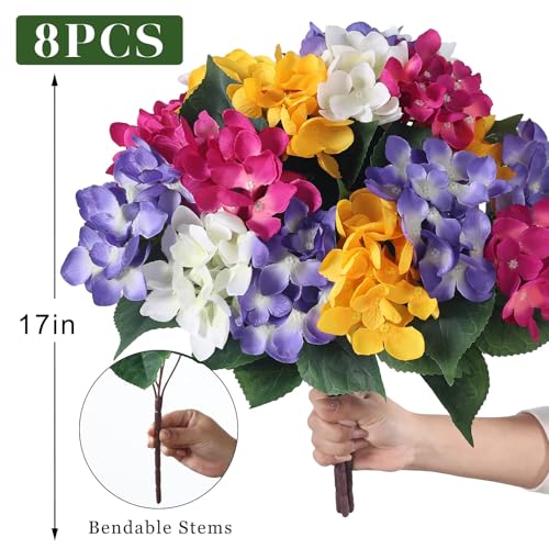 FOTEEWL 8 Bundles Artificial Hydrangea Flowers for Outdoor Decor, Realistic Faux Silk Bouquets Sun-Resistant Fake Plants for Front Door Balcony Farmhouse Garden Home Spring Summer Decor (Mixed Color) - Image 5