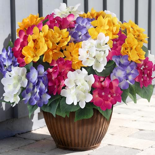 FOTEEWL 8 Bundles Artificial Hydrangea Flowers for Outdoor Decor, Realistic Faux Silk Bouquets Sun-Resistant Fake Plants for Front Door Balcony Farmhouse Garden Home Spring Summer Decor (Mixed Color) - Image 1