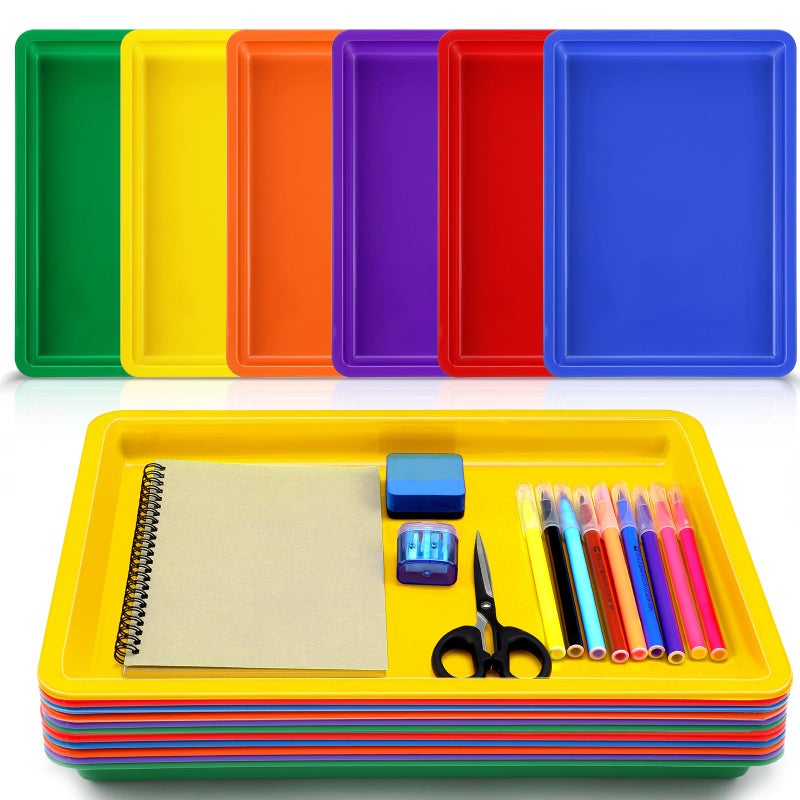 Mifoci 12 Pack Large Plastic Art Trays 16x12x1 Inch Stackable Kids Activity Craft Trays Sensory Serving Organizer for School Classroom DIY Project Jewelry Sorting Sand Painting Supplies6 Color