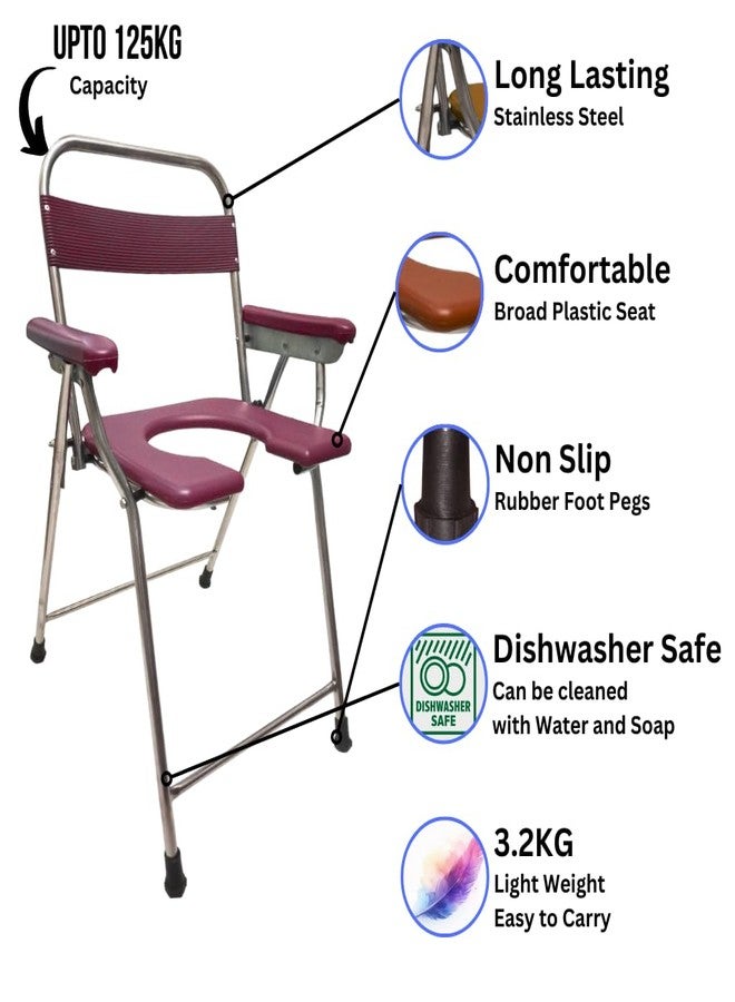 Stainless Steel Toilet Chair, Foldable, Stainless Steel Commode, Bathroom Chair, for Elderly, Disabled and Pregnant Women, Lightweight, Portable, Anti-Skid, Support Upto 100Kg (Red, Normal) - Image 2