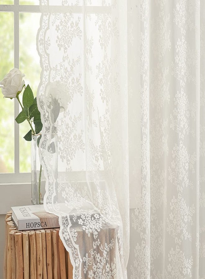 YJ YANJUN Floral Lace Curtains 96 inches Long 2 Panels Set French Country Shabby Chic Sheer Curtains for Living Room Window Light Filtering Rod Pocket 52 x 96 Inch Ivory - Image 2