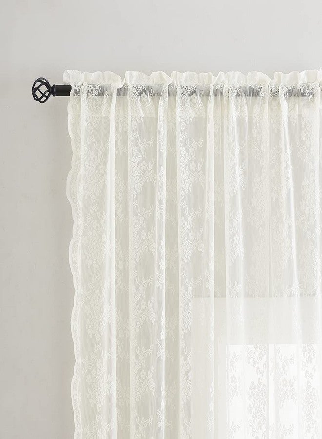 YJ YANJUN Floral Lace Curtains 96 inches Long 2 Panels Set French Country Shabby Chic Sheer Curtains for Living Room Window Light Filtering Rod Pocket 52 x 96 Inch Ivory - Image 3