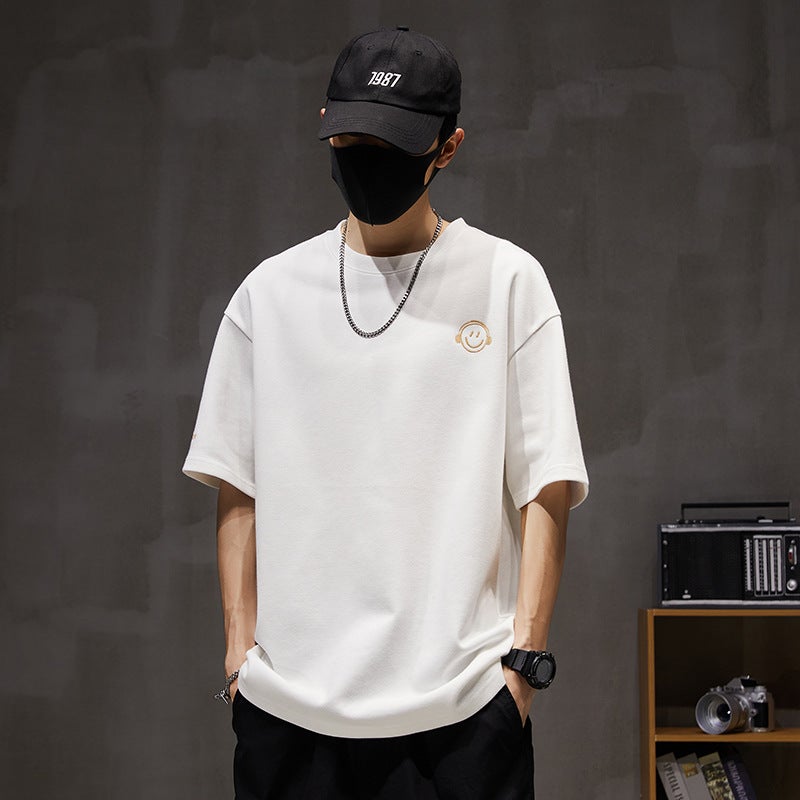 Summer Tide Brand 250G Heavy Short Sleeve T-Shirt Men'S Loose Plus Size Round Neck Smiley Face Embroidery Half Sleeve T-Shirt Top - Image 1