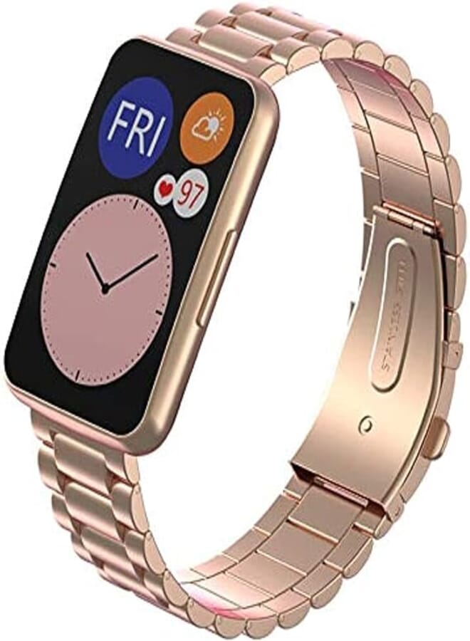 Dado Replacement Stainless steel Band compatible with Huawei Fit Watch, 3 beads stainless steel strap (Rose Gold)