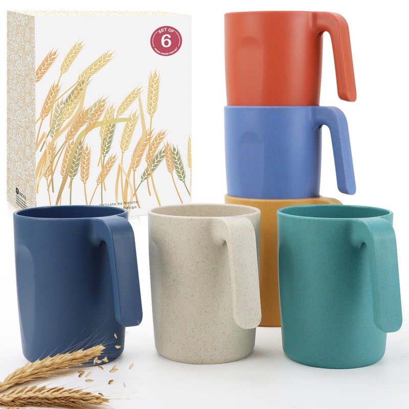 Wrova 16oz Wheat Straw Cups with handles set of 6Plastic Cups ReusableUnbreakable Kids MugsDishwasher Safe  Microwave SafeIdeal Plastic Mugs for TeaCoffeeCampingRVVibrant Color