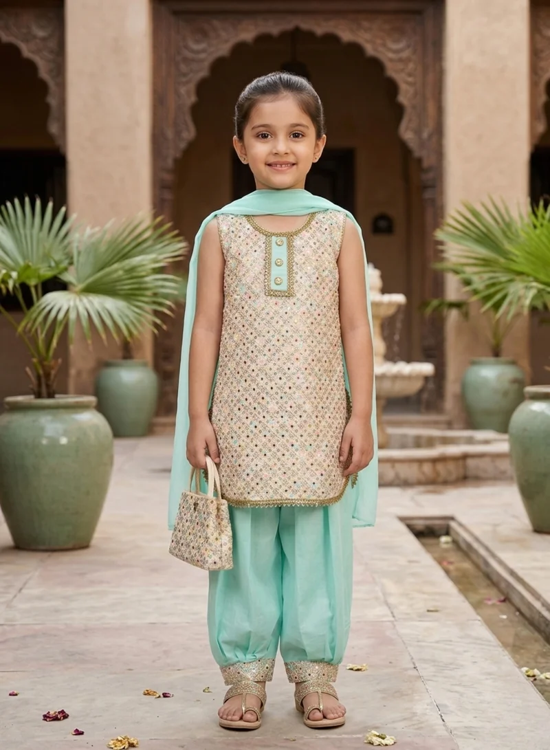 بيبي كلو Girls Mint Green Sleeveless Ethnic Set