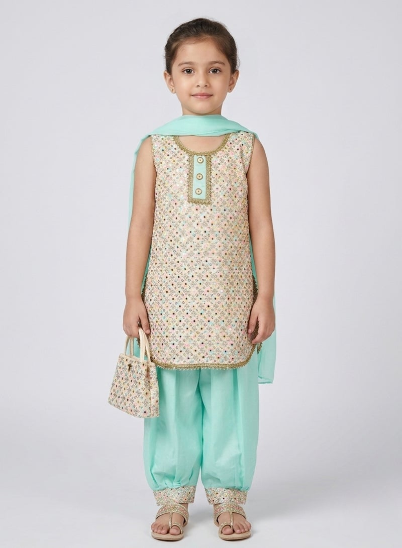 babyqlo Girls Mint Green Sleeveless Ethnic Set - Image 1