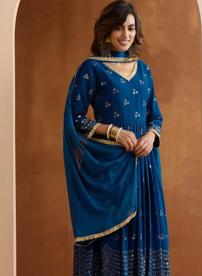 ISHIN Women'S Blue Georgette Embroidered Tunic Full Length Palazzo Straight Fit Kurta Set
