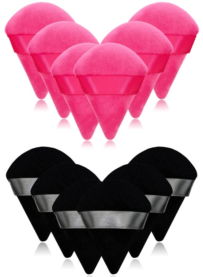 Scartink 12 Pieces Cosmetic Powder Puff,2.76 inch Portable Soft Sponge Setting Face Puffs,Triangle Velvet Powder Puff with Ribbon Band Handle for Loose Powder Body Powder Makeup Tool(Black,Rose Red) - Image 1