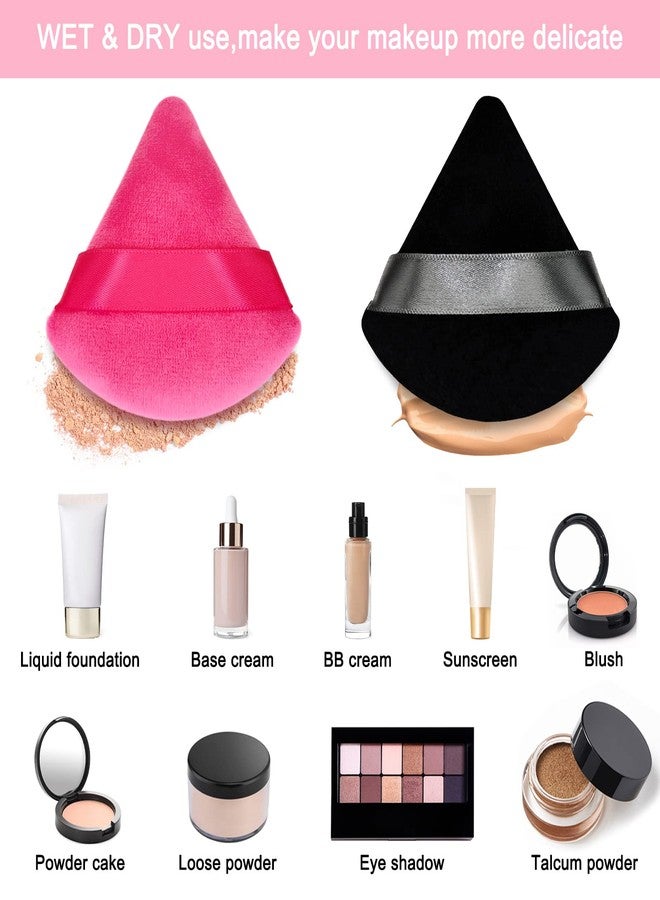 Scartink 12 Pieces Cosmetic Powder Puff,2.76 inch Portable Soft Sponge Setting Face Puffs,Triangle Velvet Powder Puff with Ribbon Band Handle for Loose Powder Body Powder Makeup Tool(Black,Rose Red) - Image 5
