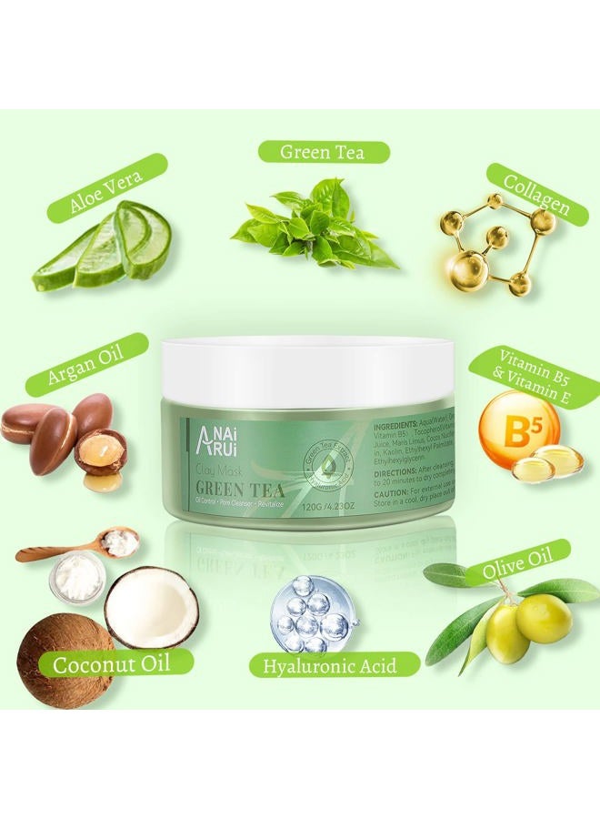 ANAI RUI Green Tea Mask, Clay Mask for Poreless Deep Cleanse, Green Tea Face Mask Blackhead Remover with Kaolin, Aloe, Collagen, Pore Minimizer, Hydrating, Moisturizing - Image 2