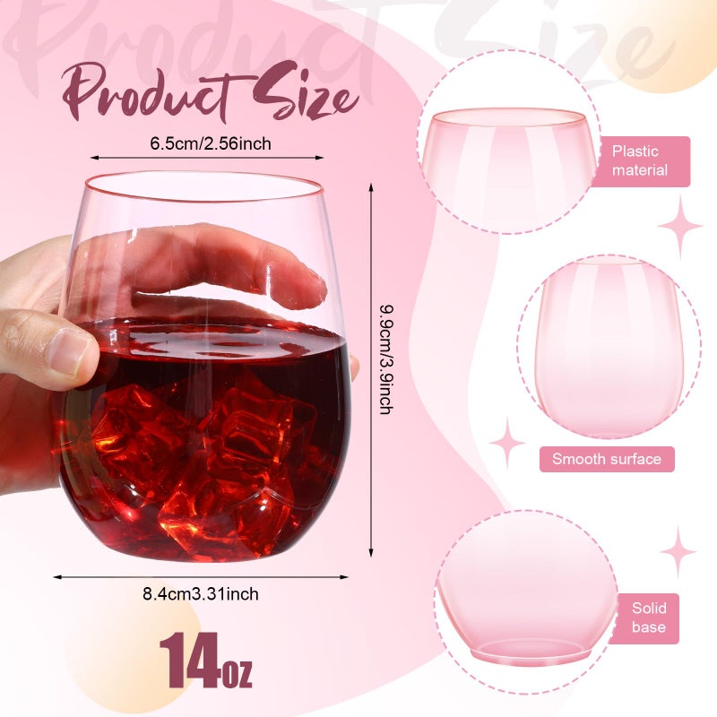 Layhit 32 Pcs Pink Stemless Wine Glasses Plastic Reusable Unbreakable Whiskey Champagne Drinking Glasses Cups for Valentine Wedding Anniversary Birthday Party (14 Oz) - Image 2