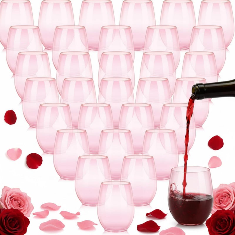 Layhit 32 Pcs Pink Stemless Wine Glasses Plastic Reusable Unbreakable Whiskey Champagne Drinking Glasses Cups for Valentine Wedding Anniversary Birthday Party (14 Oz) - Image 1