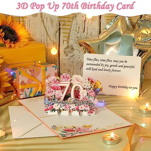Caffox 70th Birthday Card for Women, 70th Birthday Gift Greeting Card for Her, Mom, Wife, Grandma Flower Popup Happy Birthday Card with Blank Note and Envelope - Image 2