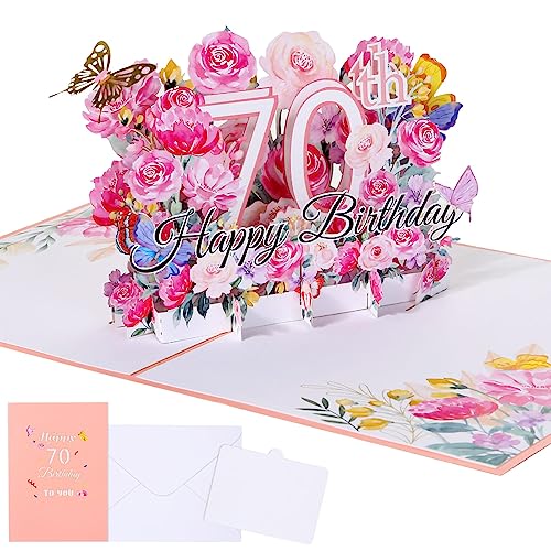 Caffox 70th Birthday Card for Women, 70th Birthday Gift Greeting Card for Her, Mom, Wife, Grandma Flower Popup Happy Birthday Card with Blank Note and Envelope - Image 1