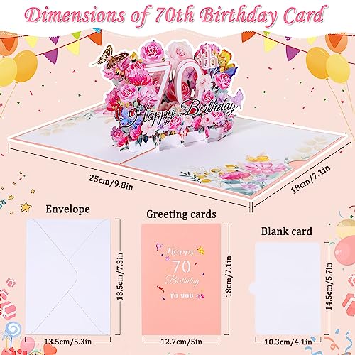 Caffox 70th Birthday Card for Women, 70th Birthday Gift Greeting Card for Her, Mom, Wife, Grandma Flower Popup Happy Birthday Card with Blank Note and Envelope - Image 3
