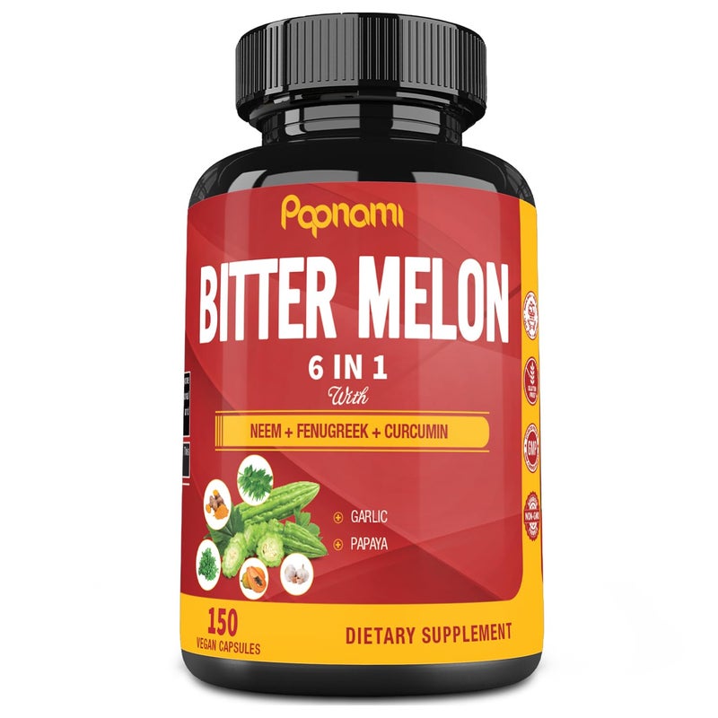 Organic Bitter Melon Extract Capsules Combined Neem Fenugreek Curcumin Garlic Papaya 150 Count for 5 Months Supports Body Digestive Skin Immune Overall Wellness