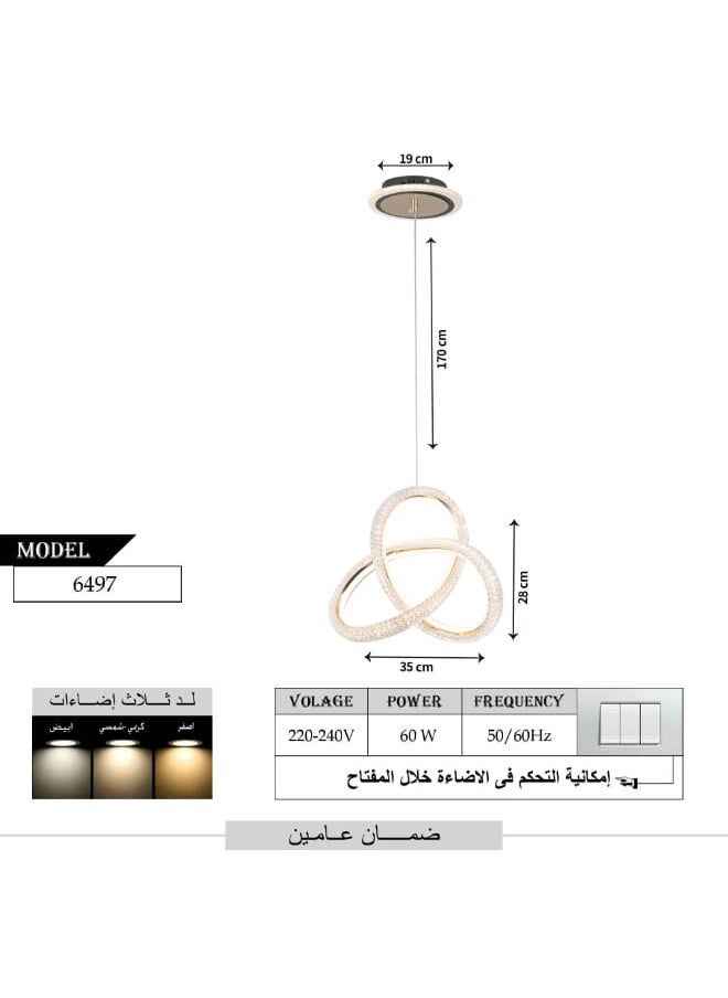 Best Power Modern LED Pendant 6497-1 with Lighting Base, 3 Lighting Levels, 60W, 170 cm Adjustable Length - Stylish and Functional Lighting Solution for Living Rooms, Kitchens, and Dining Areas  - Image 3
