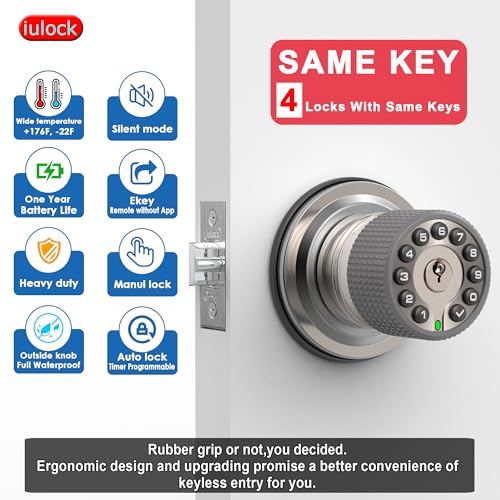 iulock Smart Door Knob with Keypad and Key,Keyless Entry Door Lock with Rubber Grip, Auto Lock,50 User Code,Waterproof, Easy to Install and Program for Bedroom(Stain Nickel Same Key 4 Pack) - Image 3