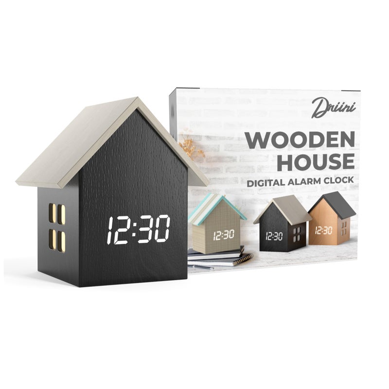 Driini Digital House Shaped Alarm Clock with Temperature Display Dark Wood  Modern Aesthetic with Cute Cube Frame and White LED Dimmer  Perfect Small Desk Clock for Bedside Table or Bedroom Mantle
