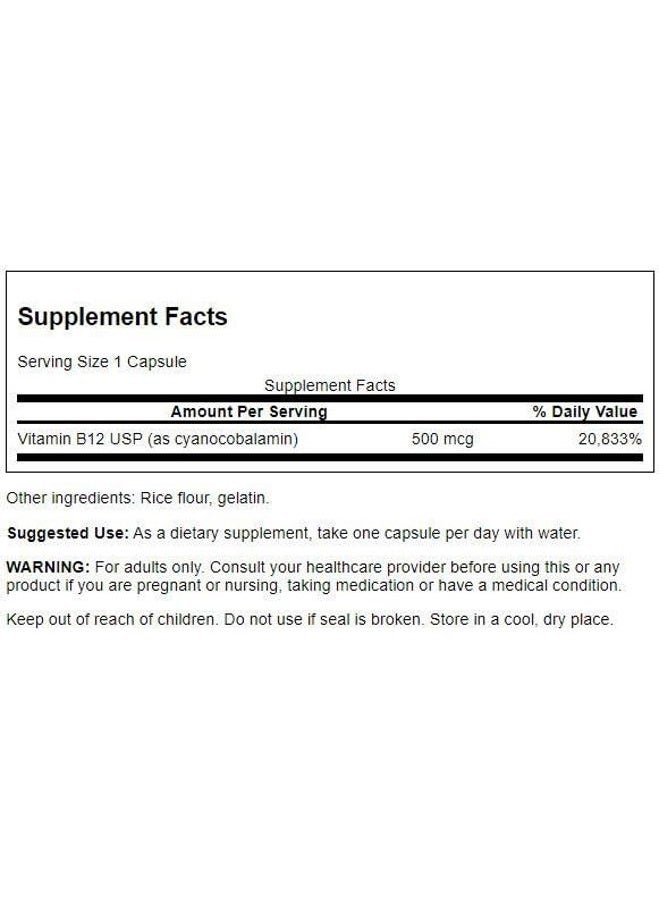 SWANSON Vitamin B12 (Cyanocobalamin) - 500mcg Each, 250 Capsules - Energy, Nervous System, and Overall Wellness Support  - Image 2
