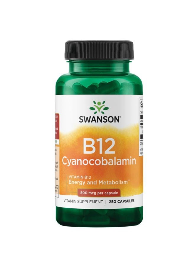 SWANSON Vitamin B12 (Cyanocobalamin) - 500mcg Each, 250 Capsules - Energy, Nervous System, and Overall Wellness Support  - Image 1