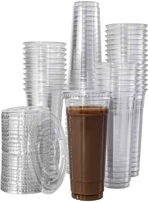 [Indulge Forward], 16oz-50sets Crystal Clear Plastic Cups with Clear Flat X Hole Lids [50cups+50lids]