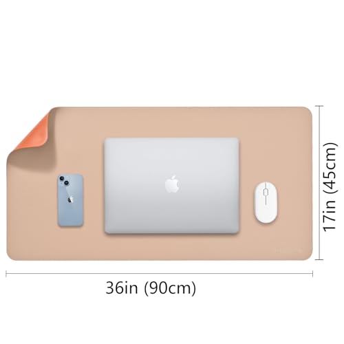 Aropana Vegan Leather Desk Mat | Large Reversible Mouse Pad & Computer Table Protector | Dual-Side Waterproof Extended Laptop Pad with Edge-Stitched Design (90x45cm, Apricot and Orange) - Image 3