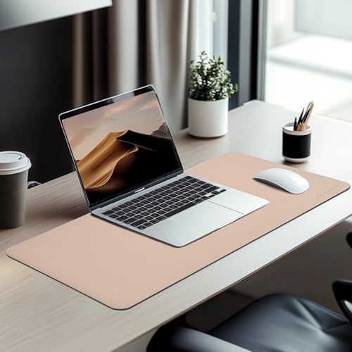 Aropana Vegan Leather Desk Mat | Large Reversible Mouse Pad & Computer Table Protector | Dual-Side Waterproof Extended Laptop Pad with Edge-Stitched Design (90x45cm, Apricot and Orange) - Image 2