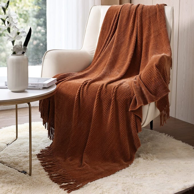 FARMHOUSE RUST CHENILLE THROW BLANKET FOR COUCH SOFA CHAIR BED HOME DECORATION SOFT WARM COZY KNIT BLANKET FOR SPRING 50X60 CARAMEL BROWN BURNT ORANGE
