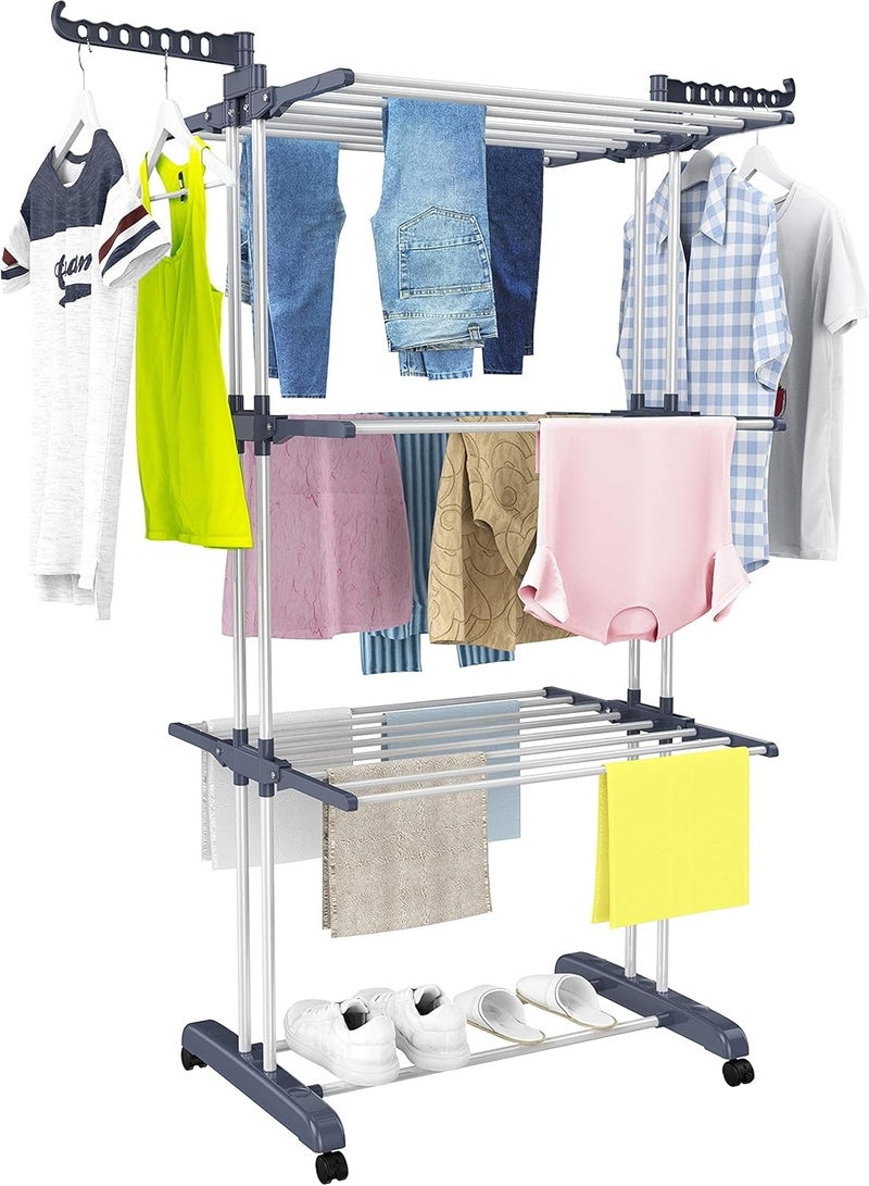 Clothes Drying Rack, Oversized 4-Tier(67.7" High) Foldable Stainless Steel Movable Drying Rack with 4 castors, 24 Drying Poles & 14 Hooks for Bed Linen, Clothing, Grey Brand: Generic  - Image 1