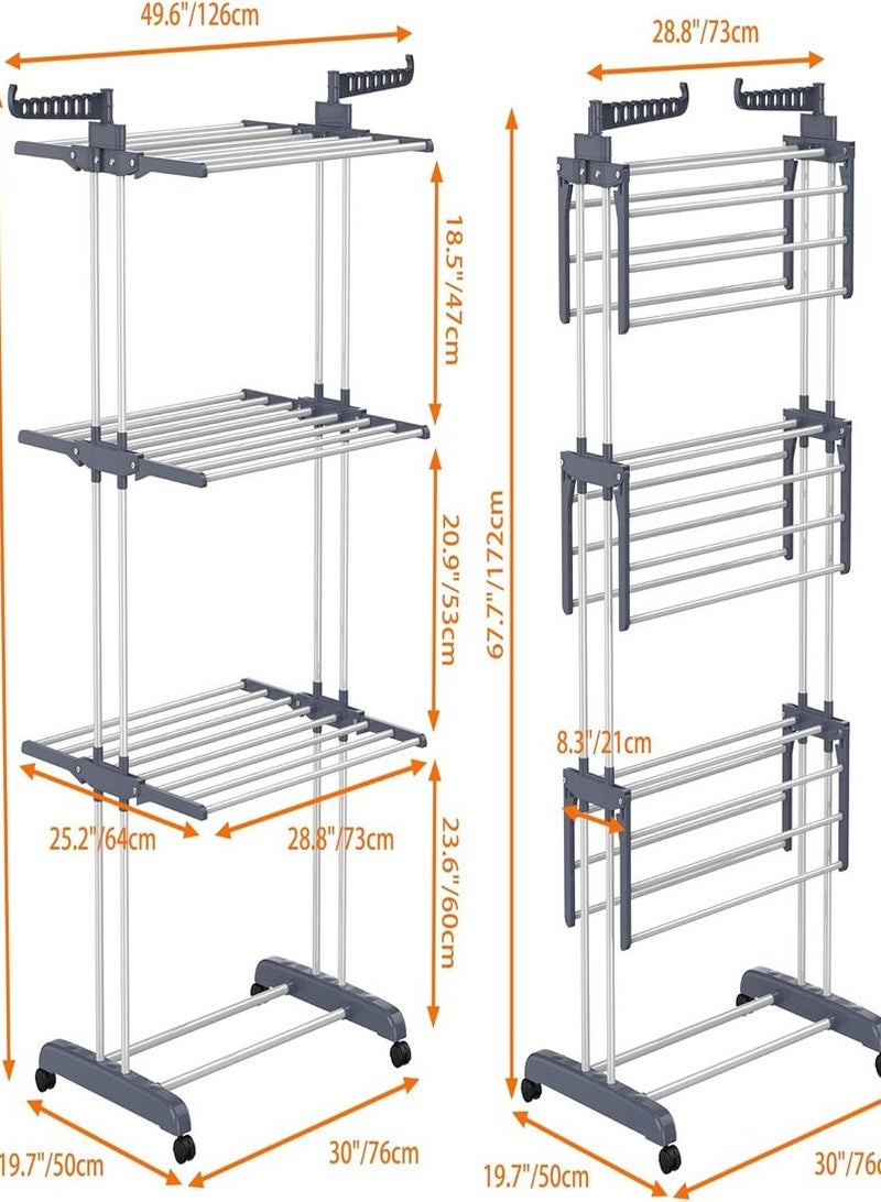 Clothes Drying Rack, Oversized 4-Tier(67.7" High) Foldable Stainless Steel Movable Drying Rack with 4 castors, 24 Drying Poles & 14 Hooks for Bed Linen, Clothing, Grey Brand: Generic  - Image 3