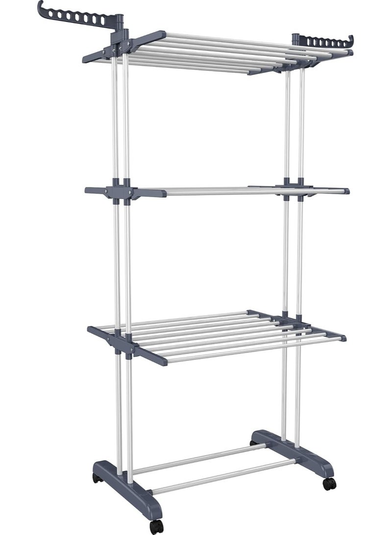 Clothes Drying Rack, Oversized 4-Tier(67.7" High) Foldable Stainless Steel Movable Drying Rack with 4 castors, 24 Drying Poles & 14 Hooks for Bed Linen, Clothing, Grey Brand: Generic  - Image 4