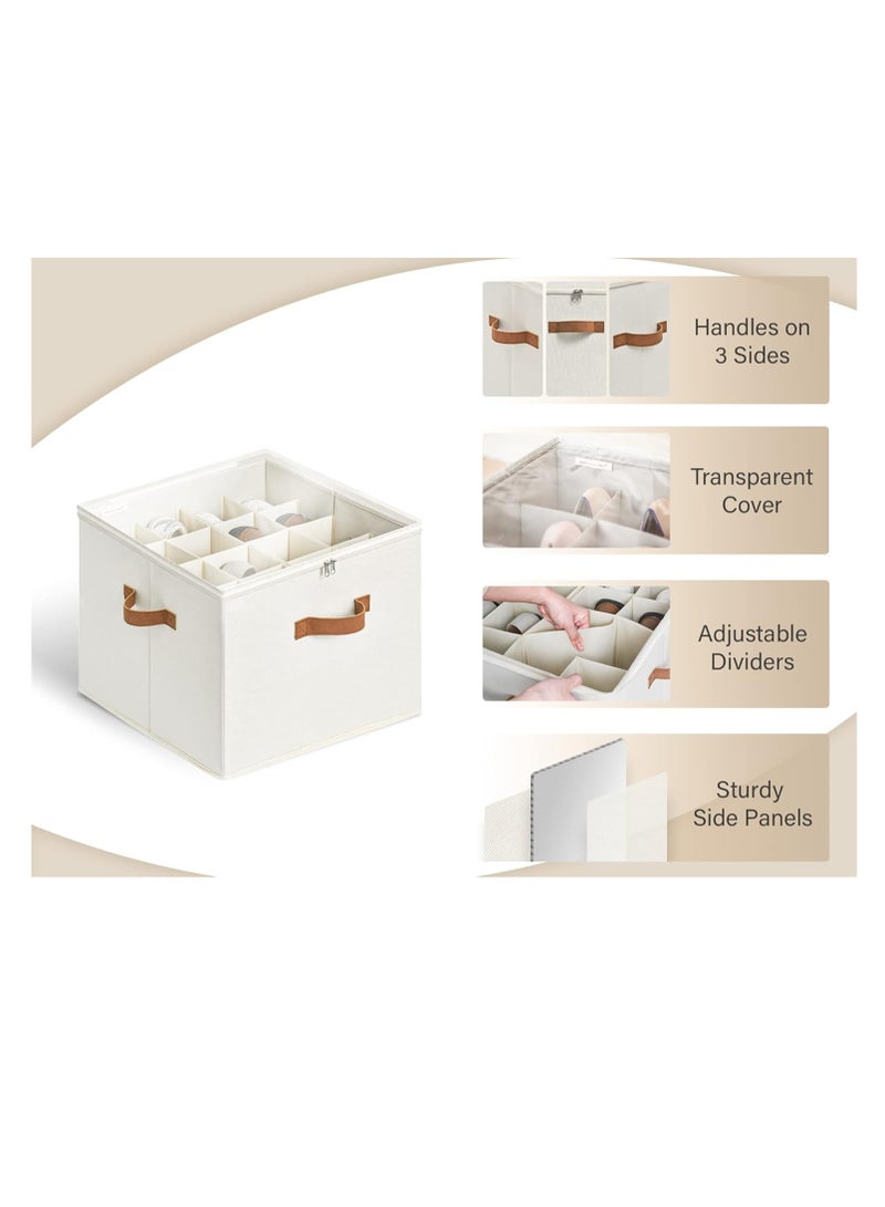 KASTWAVE 1-Pack Shoe Organizer for Closet, Large Shoe Box Storage,  Fabric Shoe Storage Bins with Clear Cover, Adjustable Dividers for Shoe Storage, Fits 16 Pairs, Beige - Image 3