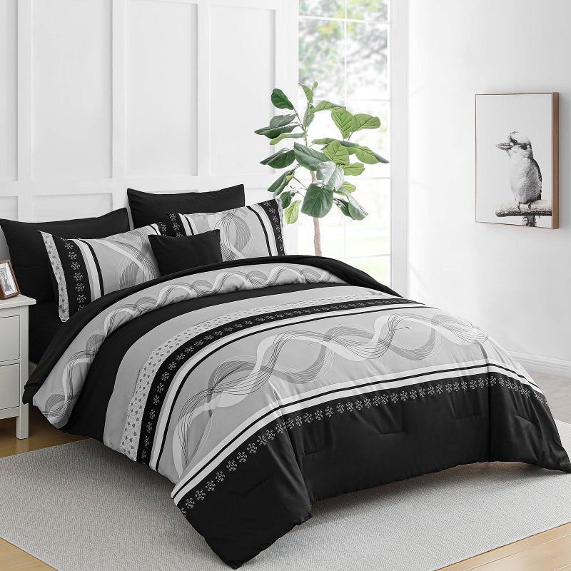 Anibedding Black Comforter Set King Size,8 Pieces Boho Bed in a Bag Patchwork Striped Comforter Set, Soft Microfiber Bedding Set for All Season(104"Ã—90") - Image 3