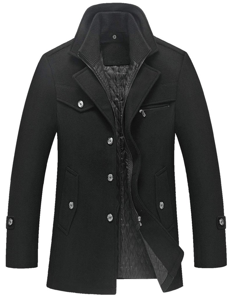 chouyatou Mens Gentle Layered Collar Single Breasted Quilted Lined Wool Blend Pea Coats Large Black