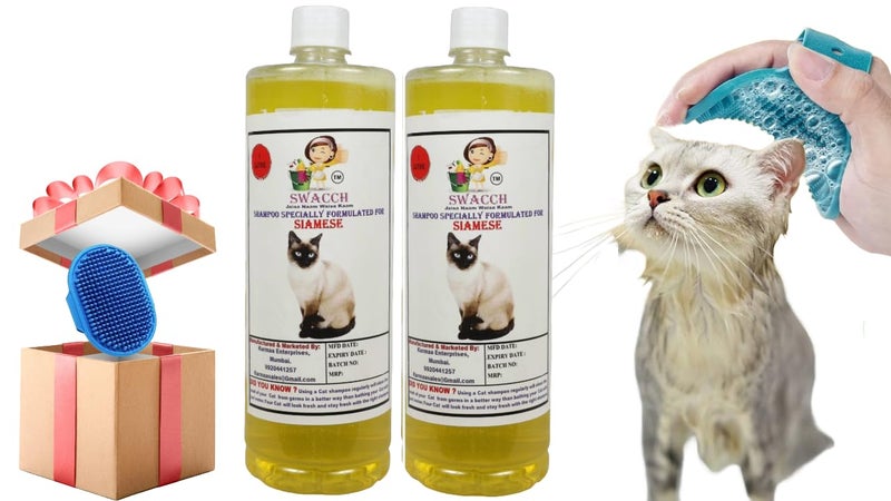 Swacch Siamese Cat Shampoo -1 Litre (Pack of 2) (Lemon) + Bath Brush with Adjustable Straps Combo Pack - Image 1