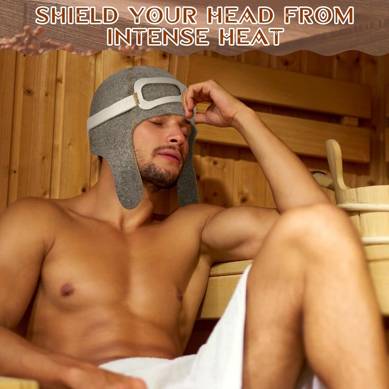 جاجيلي 2 Pcs Pilot Sauna Hat Wool Sauna Hat for Men Banya Hat Sauna Cap Finnish Sauna Hat Felt Gray Color - Image 4