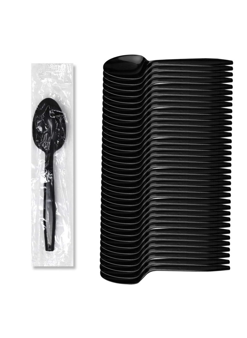 ملاعق بلاستيكية مغلفة بشكل فردي 1000 قطعة ملاعق سوداء ثقيلة الوزن للاستعمال مرة واحدة ملاعق بلاستيكية سوداء قوية ومتينة للشواء والحفلات والمكتب والمطاعم وجميع المناسبات - Image 1