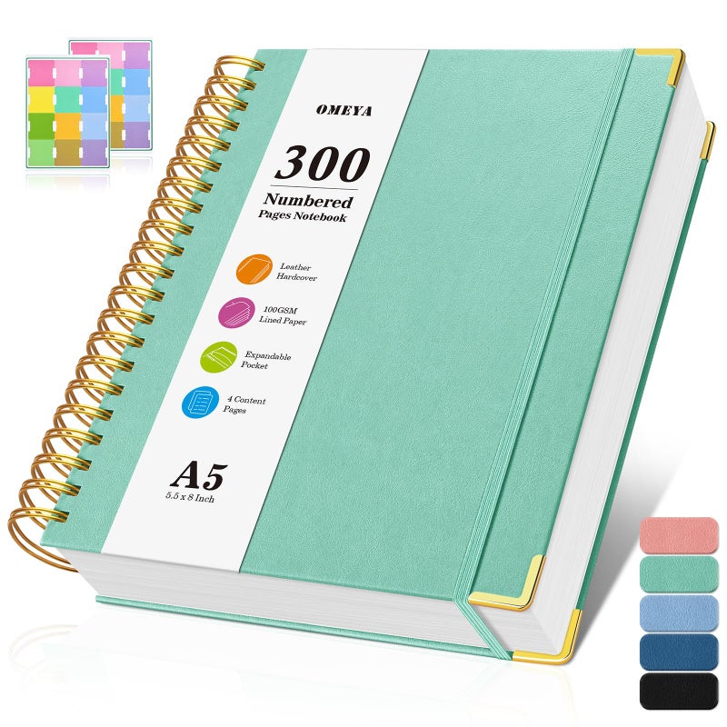 OMEYA Spiral Notebook, 300 Numbered Pages Notebooks College Ruled with Contens, 100GSM Thick Journal for Women Men, Hardcover Leather Lined Journal for Writing, Large A5 Journaling Notebooks for Work School - Image 1