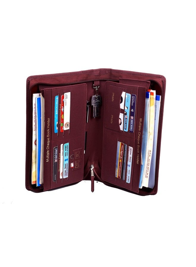 سوكشكرافت حامل دفتر شيكات متعدد من Sukeshcraft | مصنوع من مادة البولي يوريثين الأصلية، ويتسع لما يصل إلى 8 دفاتر شيكات، وخطاف مفاتيح الخزانة، وفتحتان للصور، وفتحة واحدة لبطاقة Pin-Sim، و13 فتحة لبطاقة الائتمان/الخصم مع سحاب مطابق (مادة البولي يوريثين -Redwine) - Image 4