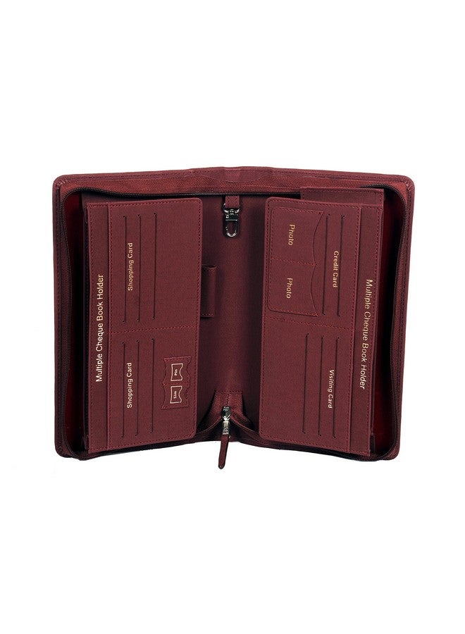 سوكشكرافت حامل دفتر شيكات متعدد من Sukeshcraft | مصنوع من مادة البولي يوريثين الأصلية، ويتسع لما يصل إلى 8 دفاتر شيكات، وخطاف مفاتيح الخزانة، وفتحتان للصور، وفتحة واحدة لبطاقة Pin-Sim، و13 فتحة لبطاقة الائتمان/الخصم مع سحاب مطابق (مادة البولي يوريثين -Redwine) - Image 3